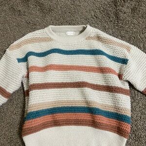 Altar'd State Chunky Waffle-Knit Striped Sweater (Cream, Rust, Teal, Tan)